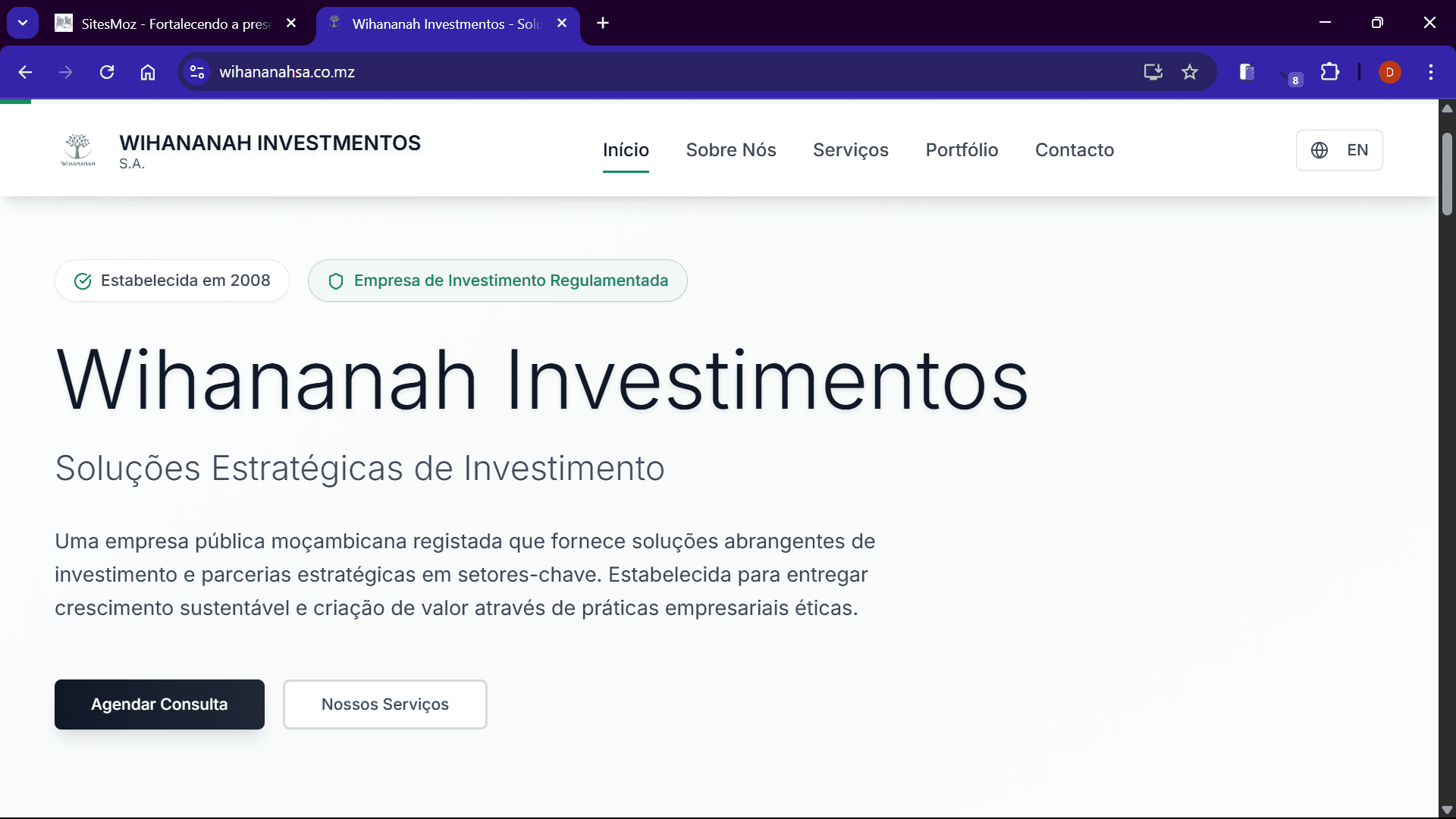 Site da Wihananah Investimentos